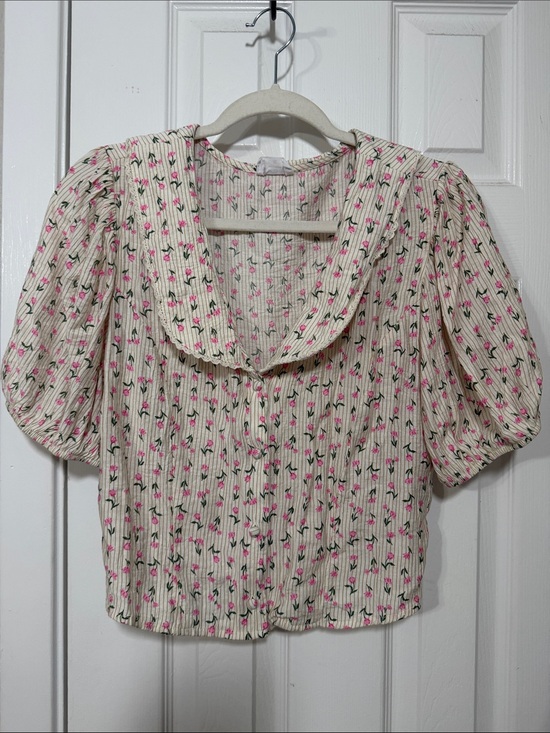 Sienna Sky Tops - Sienna Sky Floral Cream Puff-Sleeve Button Front Top